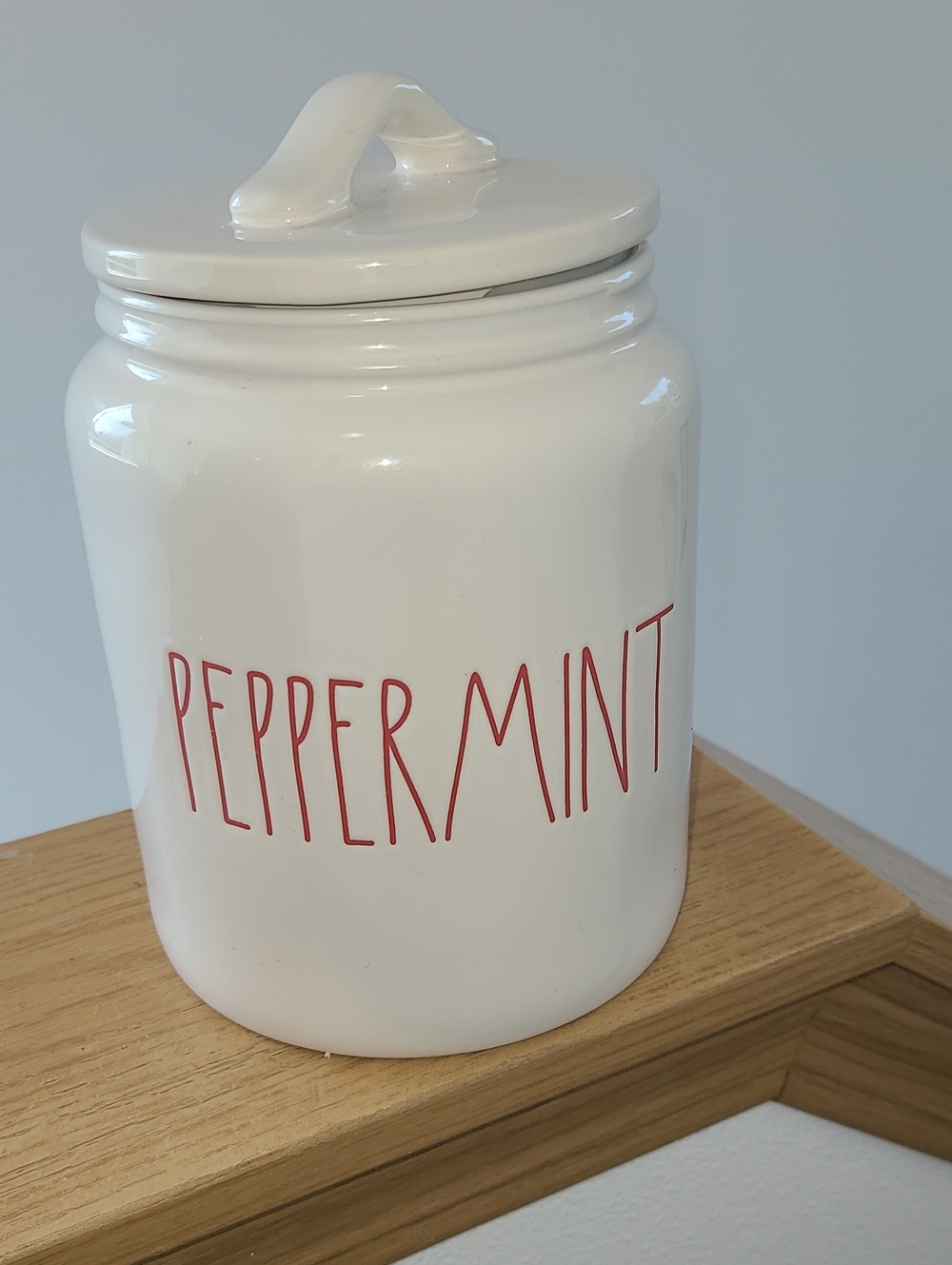 Rae Dunn White Ceramic Peppermint Canister with Red Script